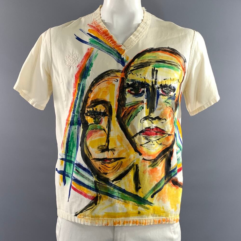 CUSTOM MADE Size L Cream Hand Painted Cotton V Neck T shirt